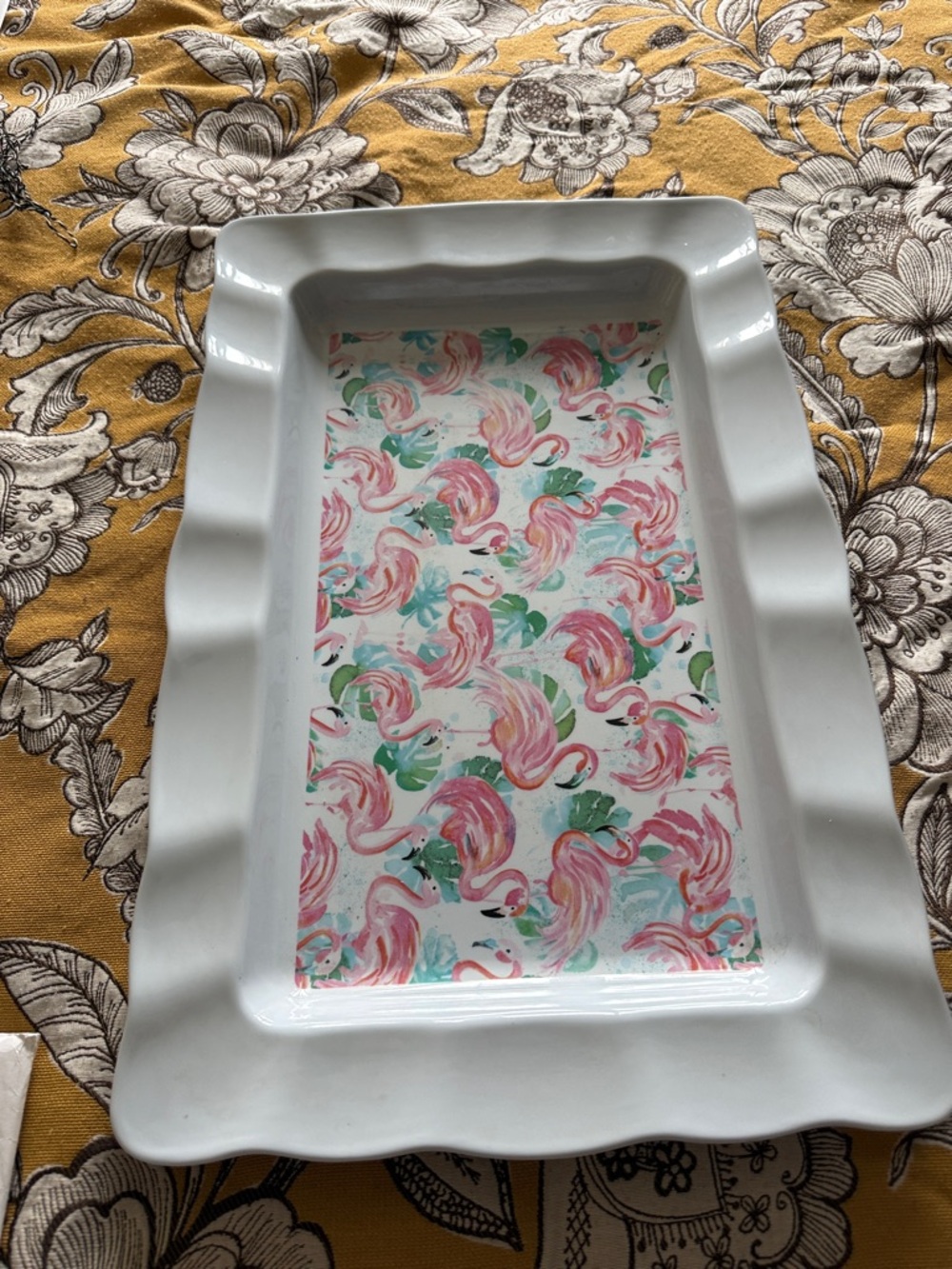 Tommy Bahama White Scalloped Melmac  Serving Tray with Pink Flamingo Print